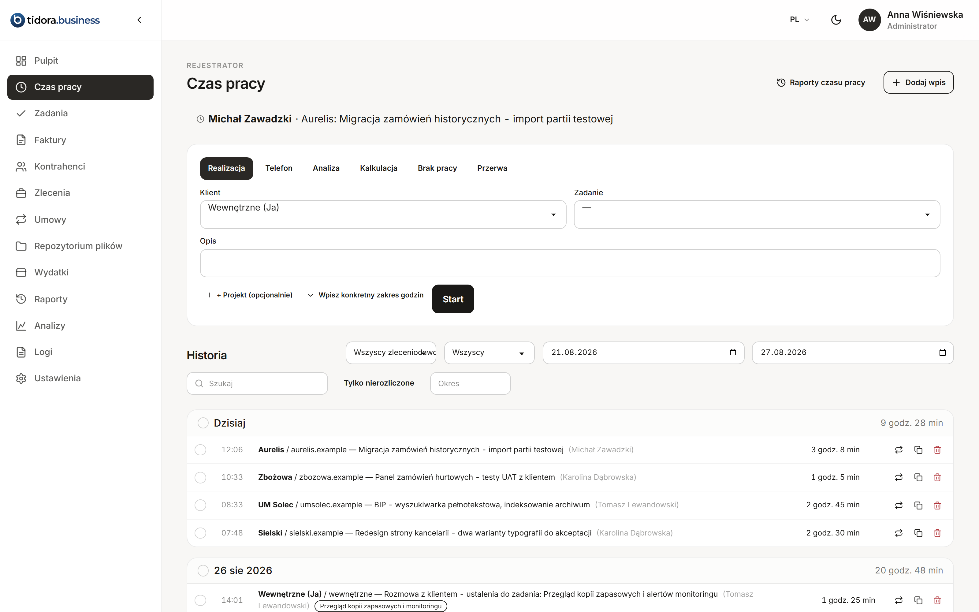 Rejestracja czasu pracy: aktywny timer, wpisy dzienne i rodzaje aktywności