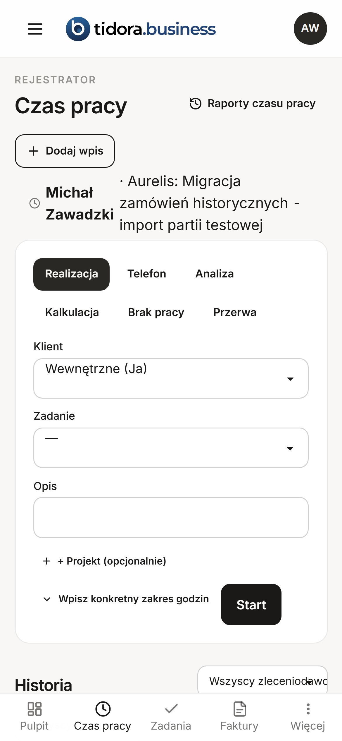 Rejestracja czasu pracy na telefonie
